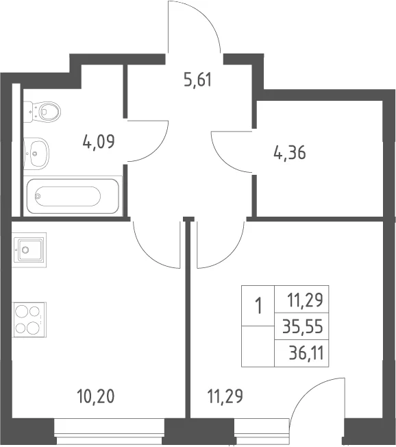 Планировка: 1-комнатная квартира 35,5 м² в ЖК «Новое Видное»