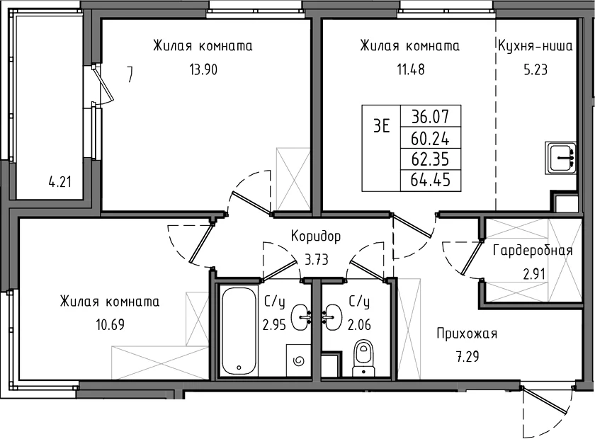 Планировка: Евротрёшка 60,2 м² в ЖК «Тишин»