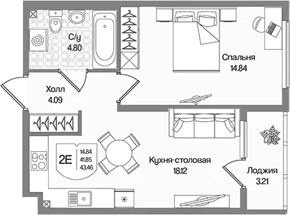 Планировка: Евродвушка 41,9 м² в ЖК «Охтинские высоты»