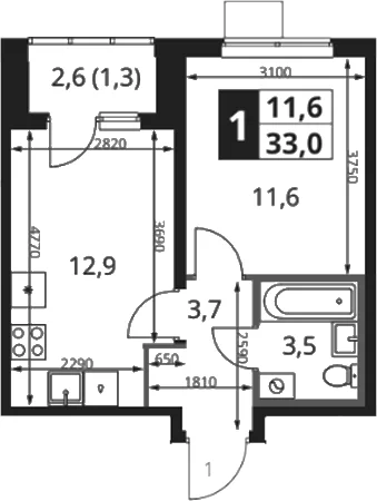Планировка: 1-комнатная квартира 31,7 м² в ЖК «1-й Ясеневский»