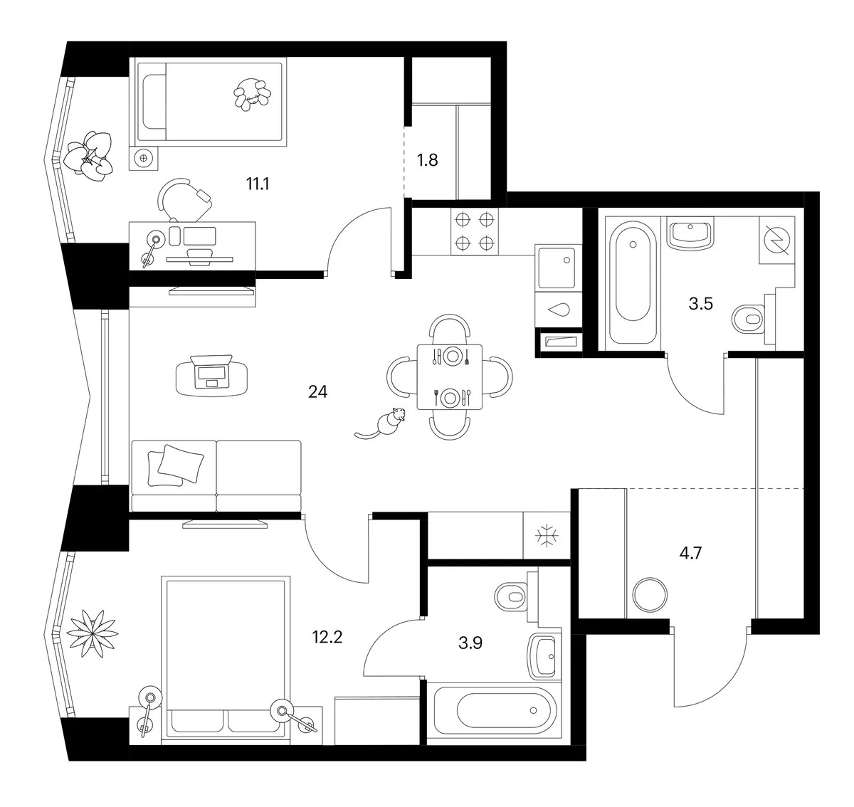 Планировка: 2-комнатная квартира 61,2 м² в ЖК «Бусиновский парк»
