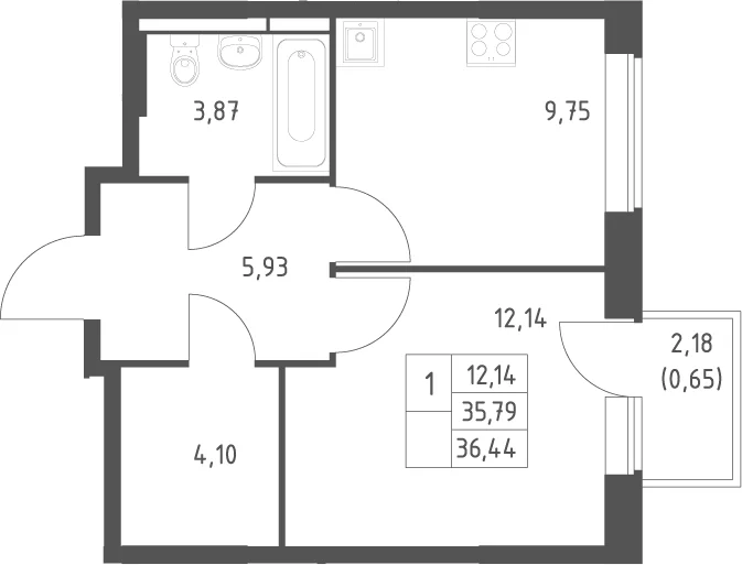 Планировка: 1-комнатная квартира 35,8 м² в ЖК «Большое Юрлово»