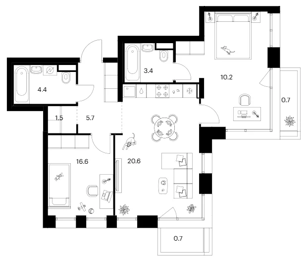 Планировка: 2-комнатная квартира 62,4 м² в ЖК «Строгино 360»