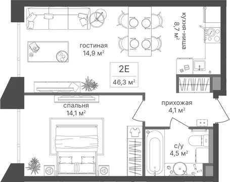 Планировка: Евродвушка 46,3 м² в ЖК «Петровский Парк II»
