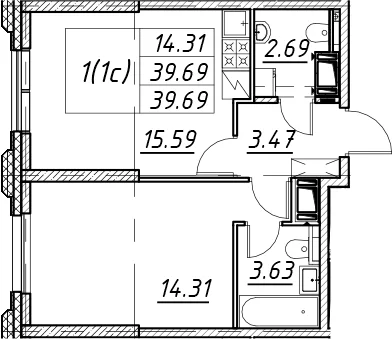 Планировка: Евродвушка 39,7 м² в ЖК «Цивилизация на Неве»
