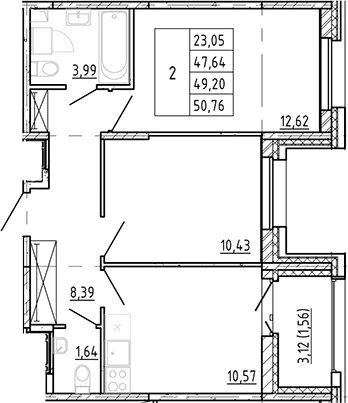 Планировка: 2-комнатная квартира 47,2 м² в ЖК «Полис Новоселье»