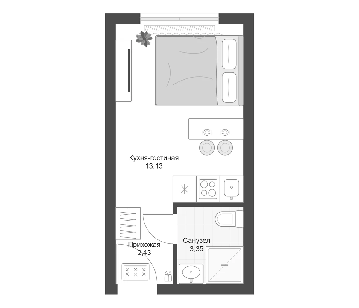 Планировка: Студия 18,9 м² в ЖК «Апарт-комплекс Первый Зеленый»