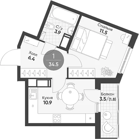 Планировка: 1-комнатная квартира 32,7 м² в ЖК «Клюква.Парк»