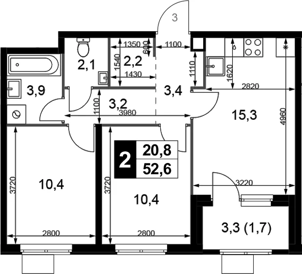 Планировка: Евротрёшка 50,9 м² в ЖК «1-й Химкинский»