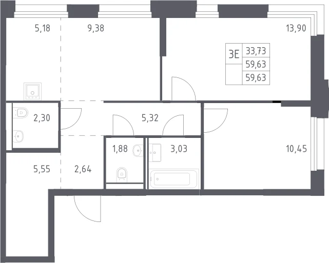 Планировка: Евротрёшка 59,6 м² в ЖК «Квартал Строгино»