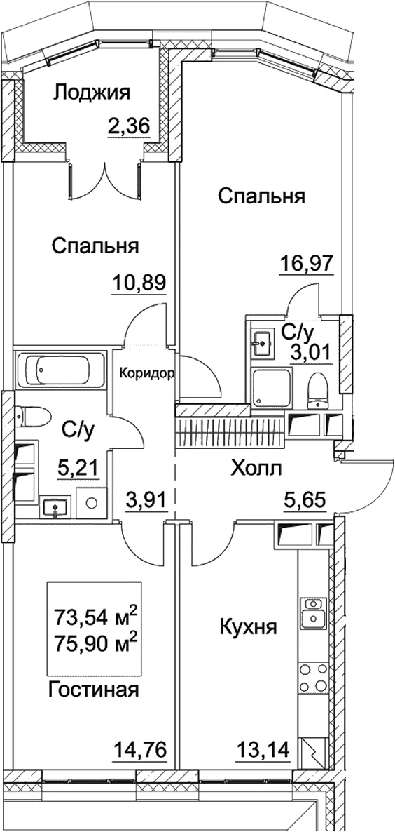 Планировка: 3-комнатная квартира 73,5 м² в ЖК «СЕЗАР СИТИ»