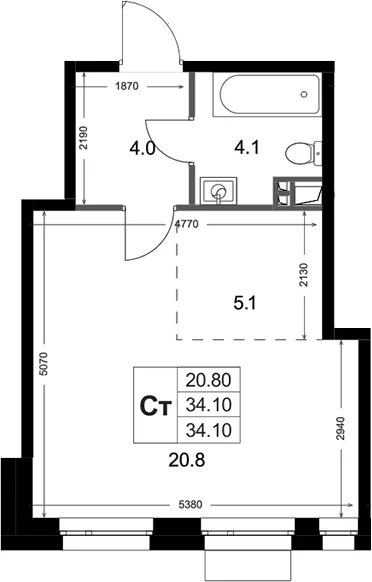 Планировка: Студия 34,1 м² в ЖК «Кореневский Форт 2.3»
