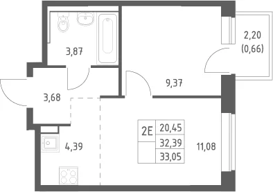 Планировка: Евродвушка 32,4 м² в ЖК «Пригород Лесное»