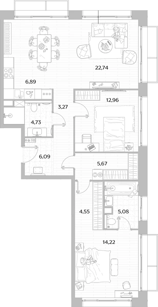 Планировка: Евротрёшка 94,5 м² в ЖК «МЫС»