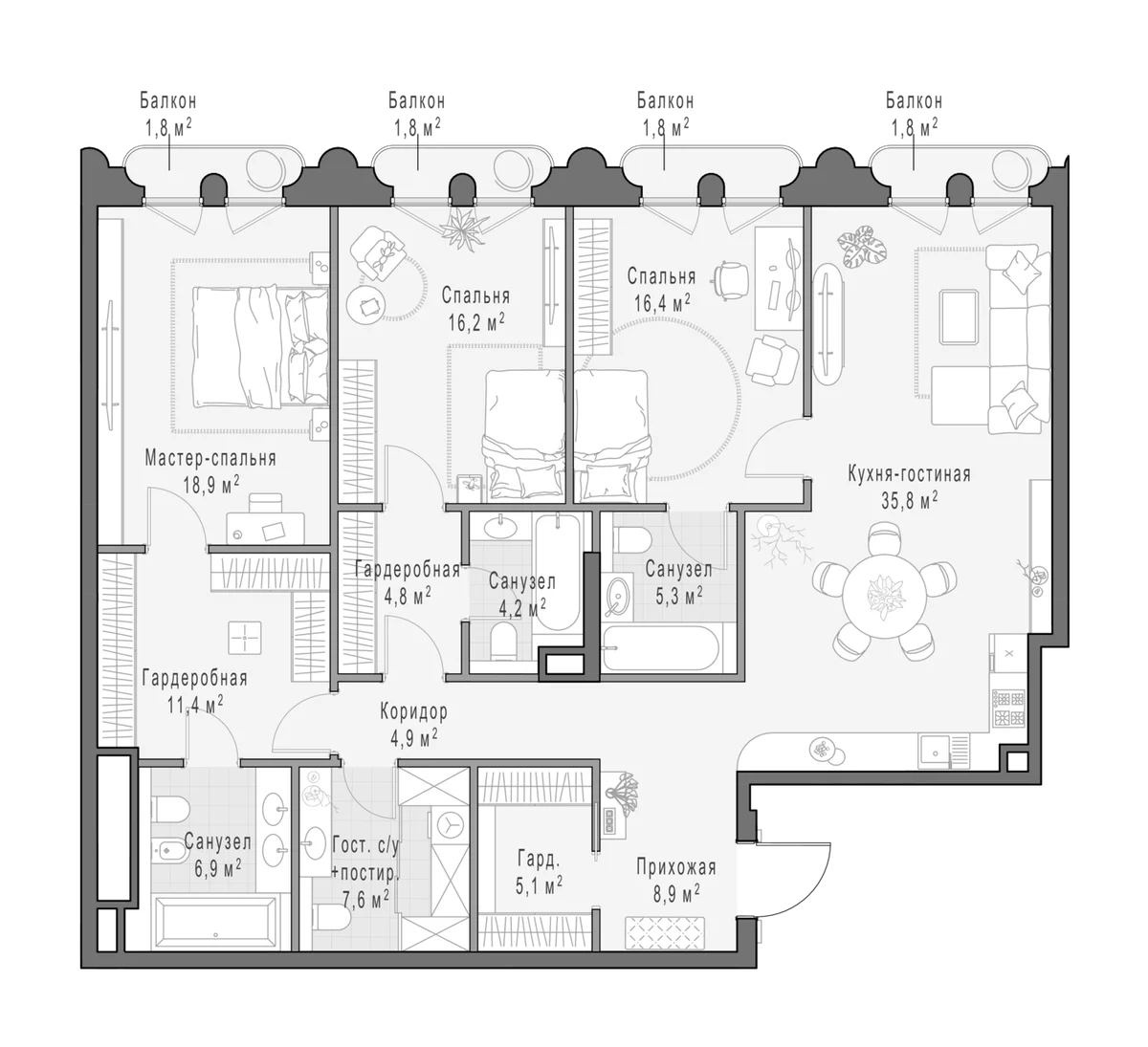 Планировка: Квартира евро-4 149 м² в ЖК «Клубный квартал Фрунзенский»
