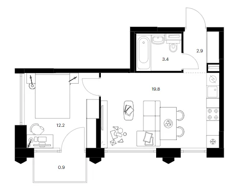 Планировка: 1-комнатная квартира 38,3 м² в ЖК «Бусиновский парк»