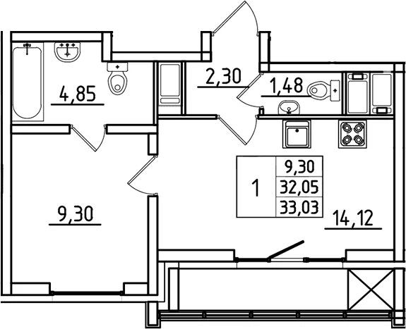 Планировка: 1-комнатная квартира 32,1 м² в ЖК «Южный Форт»