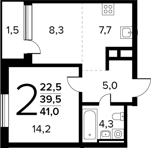 Планировка: Евродвушка 39,5 м² в ЖК «Новые Ватутинки Квартал у реки»