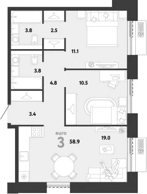 Планировка: Евротрёшка 58,9 м² в ЖК «Страна.Заречная»