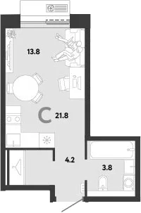 Планировка: Студия 21,8 м² в ЖК «Страна.Заречная»