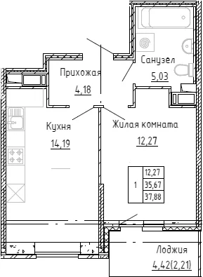 Планировка: Евродвушка 35,1 м² в ЖК «Аквилон Stories»