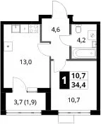Планировка: 1-комнатная квартира 32,5 м² в ЖК «1-й Ясеневский»