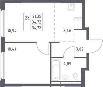 Планировка: Евродвушка 34,7 м² в ЖК «Космический Квартал»