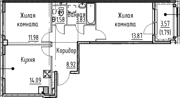 Планировка: Евротрёшка 54,3 м² в ЖК «Кронфорт»