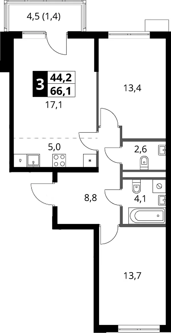 Планировка: Евротрёшка 65,7 м² в ЖК «1-й Ясеневский»