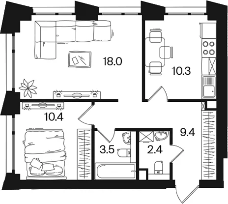 Планировка: 2-комнатная квартира 54 м² в ЖК «РАКУРС»