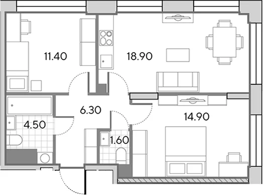 Планировка: Евротрёшка 57,6 м² в ЖК «Вейв»
