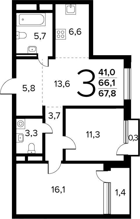 Планировка: Евротрёшка 66,1 м² в ЖК «Новые Ватутинки Квартал у реки»