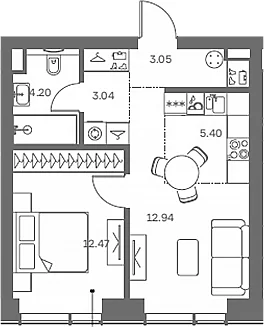 Планировка: Евродвушка 41,1 м² в ЖК «TATE»