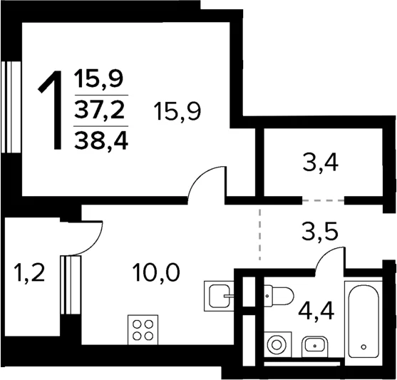 Планировка: 1-комнатная квартира 37,2 м² в ЖК «Новые Ватутинки Квартал у реки»
