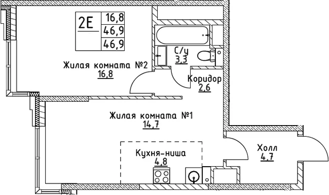 Планировка: Евродвушка 46,9 м² в ЖК «ВЭРИ на Миклухо-Маклая»