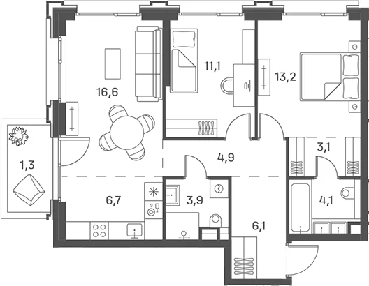 Планировка: Евротрёшка 69,7 м² в ЖК «Портленд»