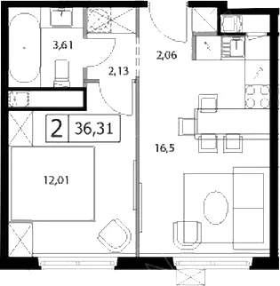Планировка: Евродвушка 36,3 м² в ЖК «У реки.Эко Видное 2.0»