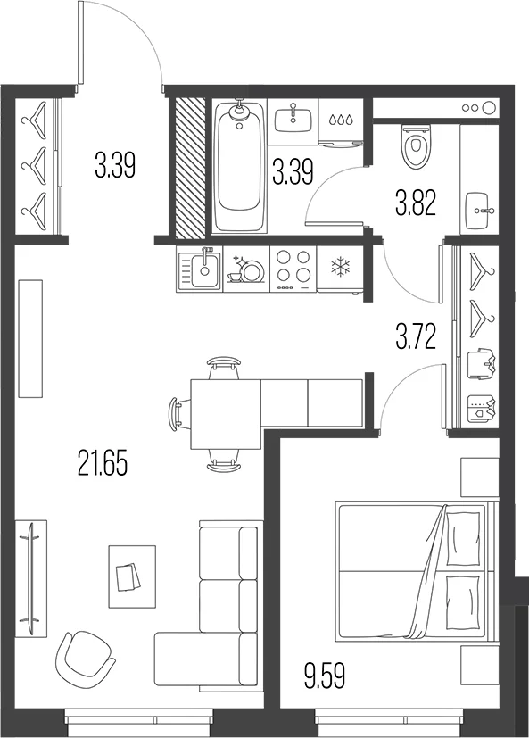 Планировка: Евродвушка 44,6 м² в ЖК «Легенда Васильевского»