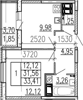 Планировка: 1-комнатная квартира 31,6 м² в ЖК «Высота. Бугры»