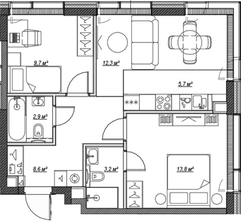 Планировка: Евротрёшка 56,4 м² в ЖК «Веер»