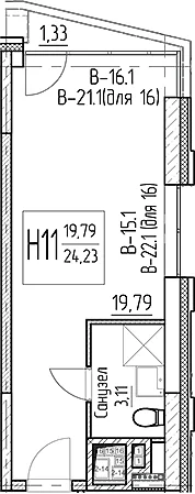 Планировка: Студия 22,9 м² в ЖК «Аметист»