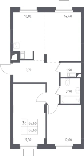 Планировка: Евротрёшка 66,8 м² в ЖК «Люберцы»