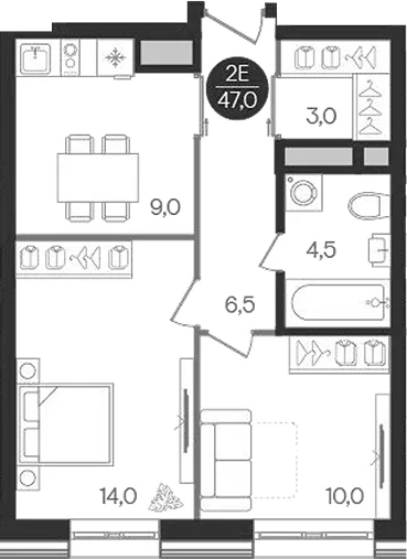 Планировка: 2-комнатная квартира 47 м² в ЖК «Кантемировский»