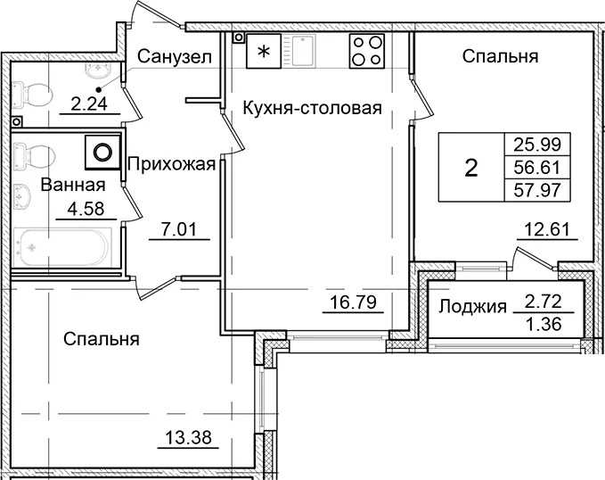 Планировка: 2-комнатная квартира 56,6 м² в ЖК «Квартал Заречье»