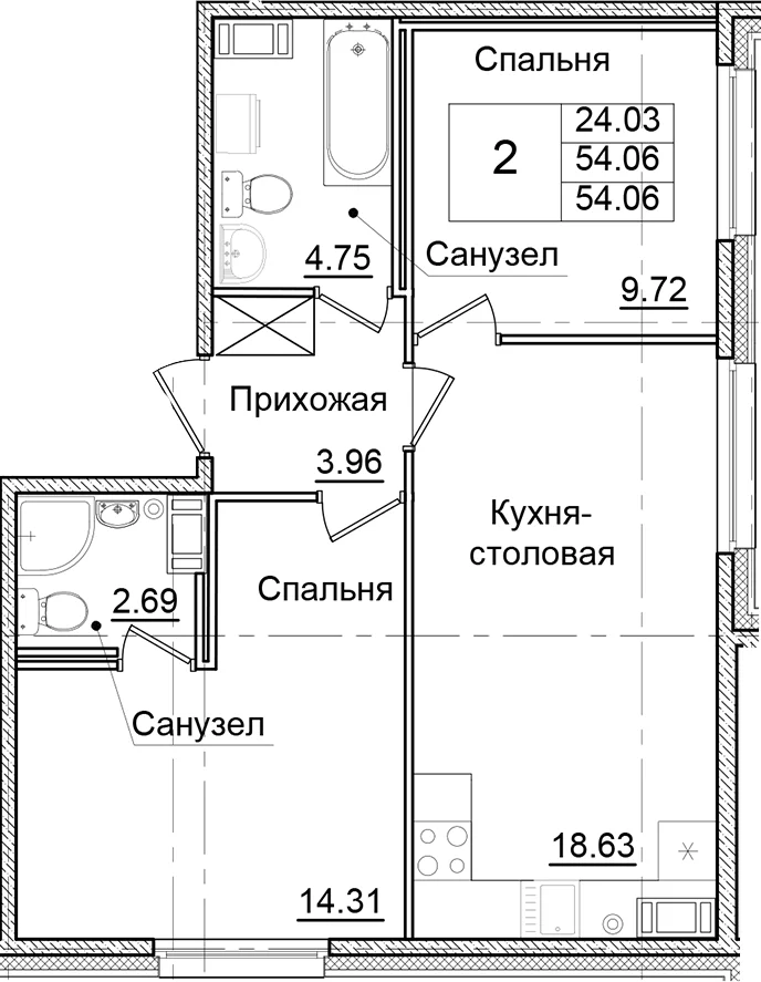 Планировка: 2-комнатная квартира 54,1 м² в ЖК «Квартал Заречье»