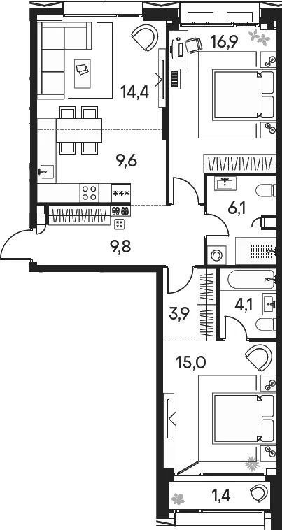 Планировка: Евротрёшка 79,8 м² в ЖК «Клубный город на реке Примавера»