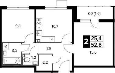Планировка: 2-комнатная квартира 50,9 м² в ЖК «Южная Битца»