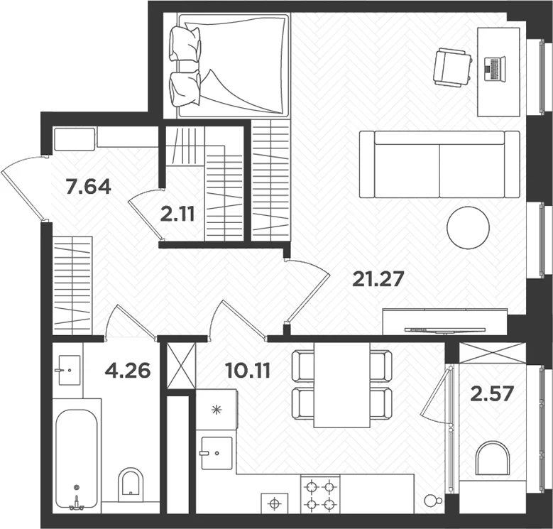 Планировка: 1-комнатная квартира 45,4 м² в ЖК «Новокасимово»
