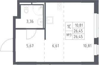 Планировка: Студия 26,5 м² в ЖК «Мытищи Парк»