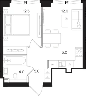 Планировка: Евродвушка 39,3 м² в ЖК «АУРА»